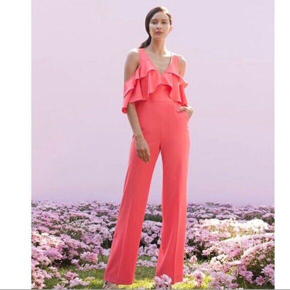Trina Turk Pants - Trina Turk Size 4 Jumpsuit Josephine Coral Ruffle Cold Shoulder Trouser Coral